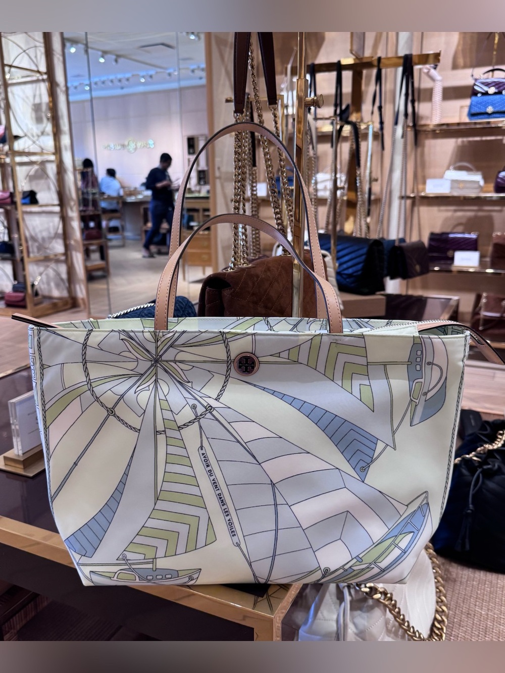 NWT Tory Burch 180305 Nylon Printed Small Tote Mint Sailboat Spiral $295